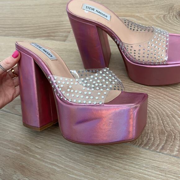 NEW $139 Steve Madden Ruby Pink Iridescent Platform Sandal - Picture 8 of 11